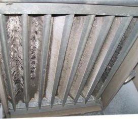 Neglected HVAC evaporator coil clogged with thick dust and dirt